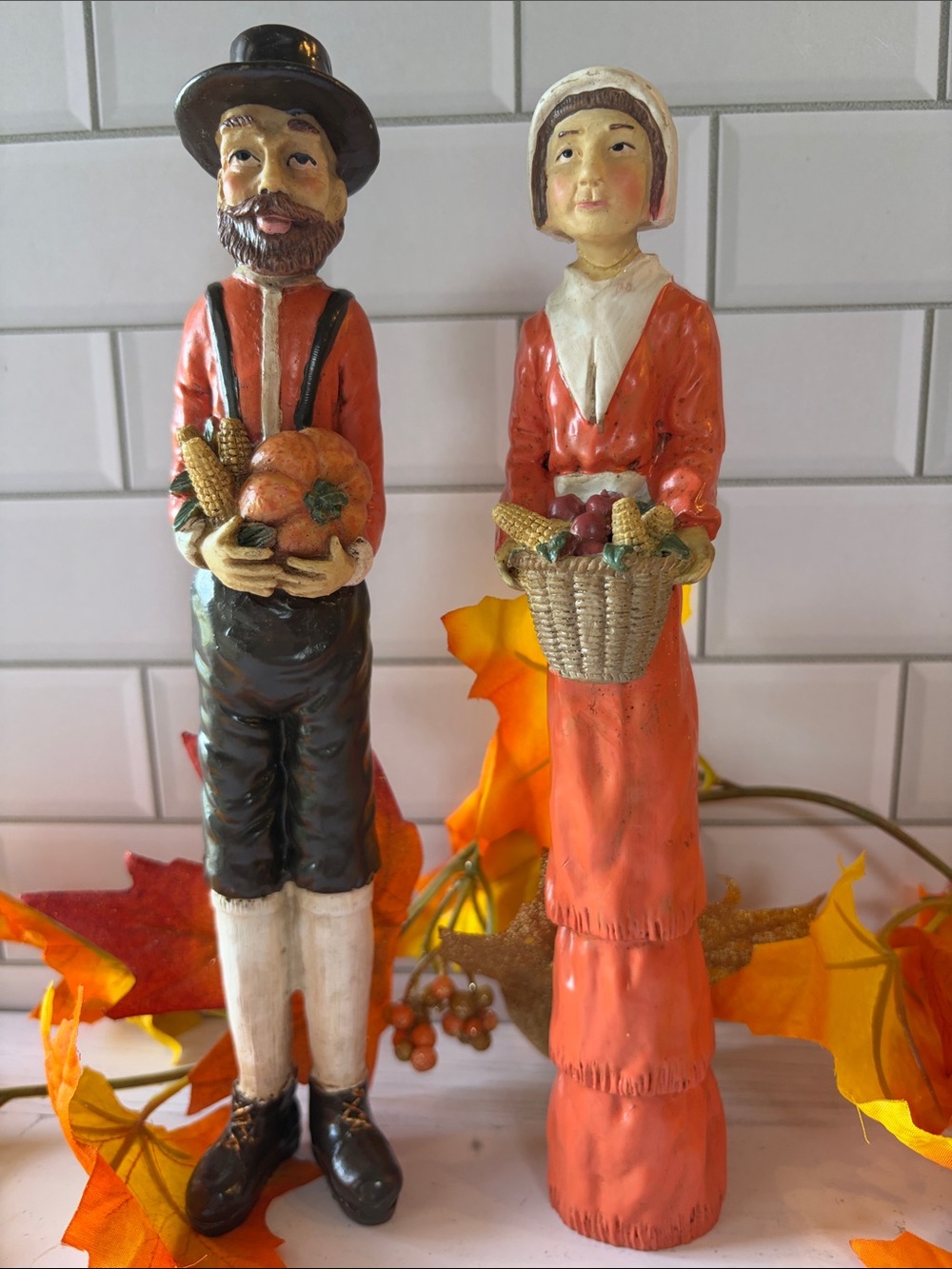 Autumn Harvest Couple Figurines in Orange - Seasonal Table Decor